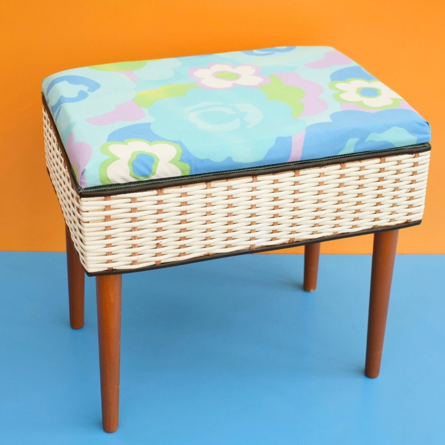 Vintage 1960s Sewing / Hobby Box - Green, Blue & Lilac Fabric