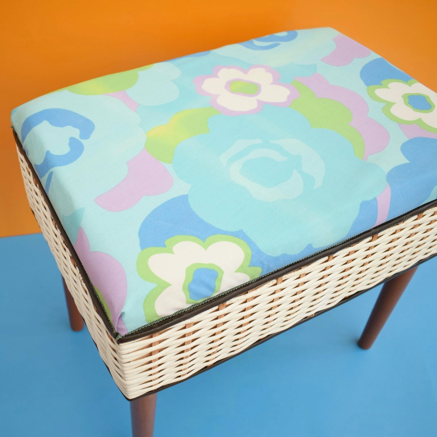 Vintage 1960s Sewing / Hobby Box - Green, Blue & Lilac Fabric