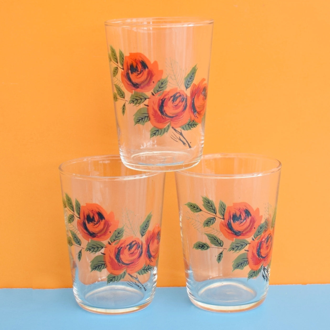 Vintage 1960s Small Drinking Glass Trio - Roses - Orange