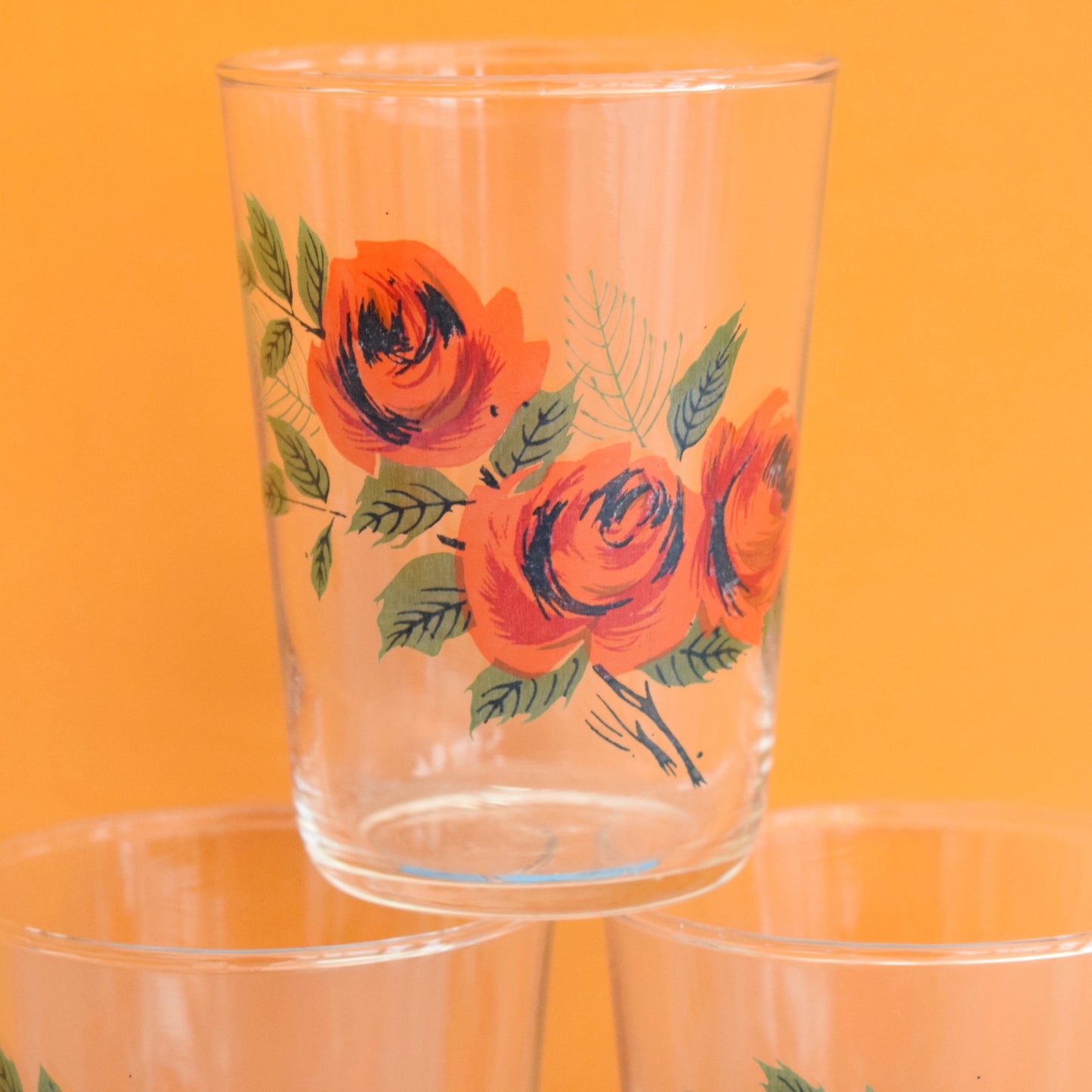 Vintage 1960s Small Drinking Glass Trio - Roses - Orange