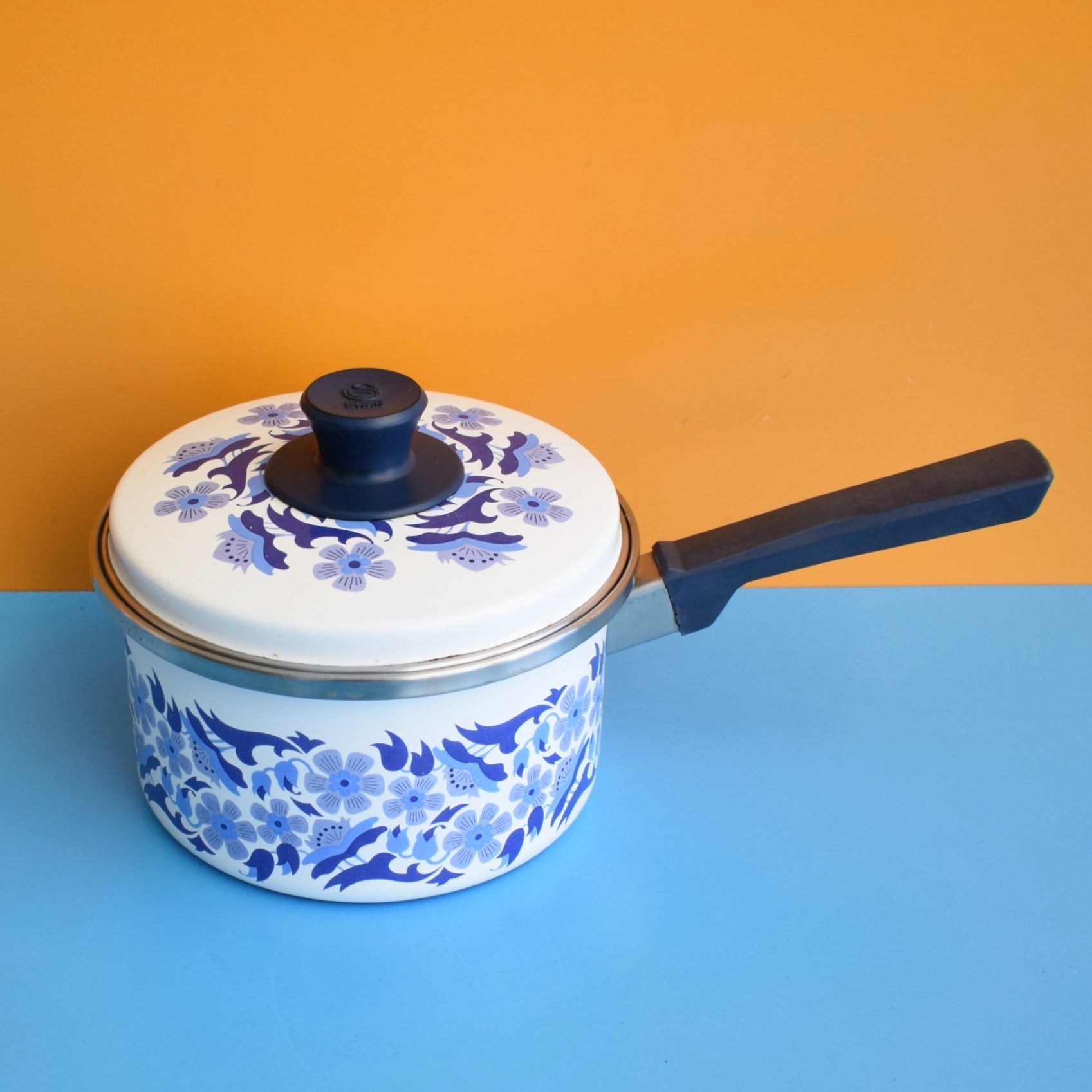 Vintage 1960s Swan Enamel Saucepan - Flower Power - Blue by Vintage