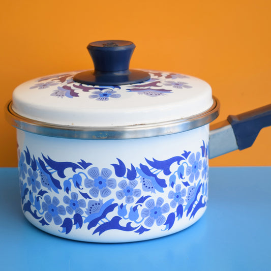 Vintage 1960s Swan Enamel Saucepan - Flower Power - Blue