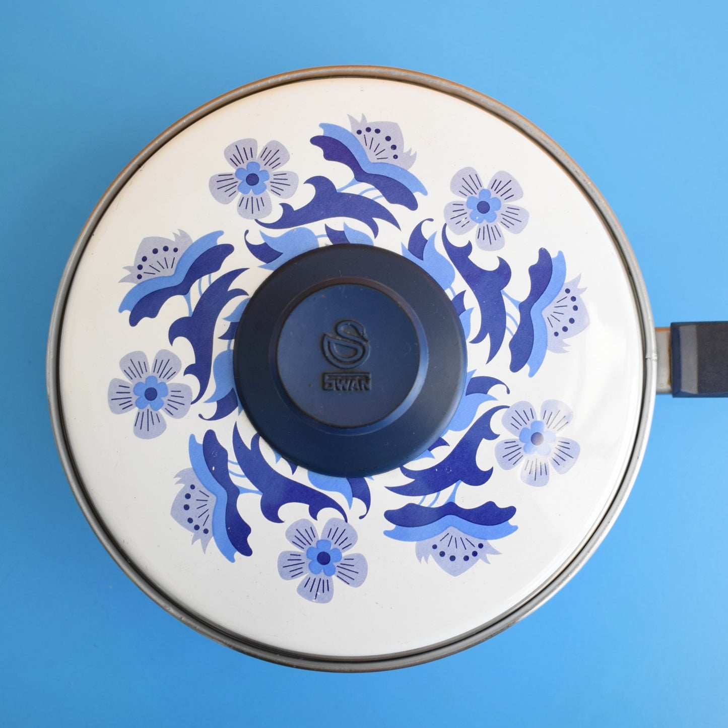 Vintage 1960s Swan Enamel Saucepan - Flower Power - Blue by Vintage