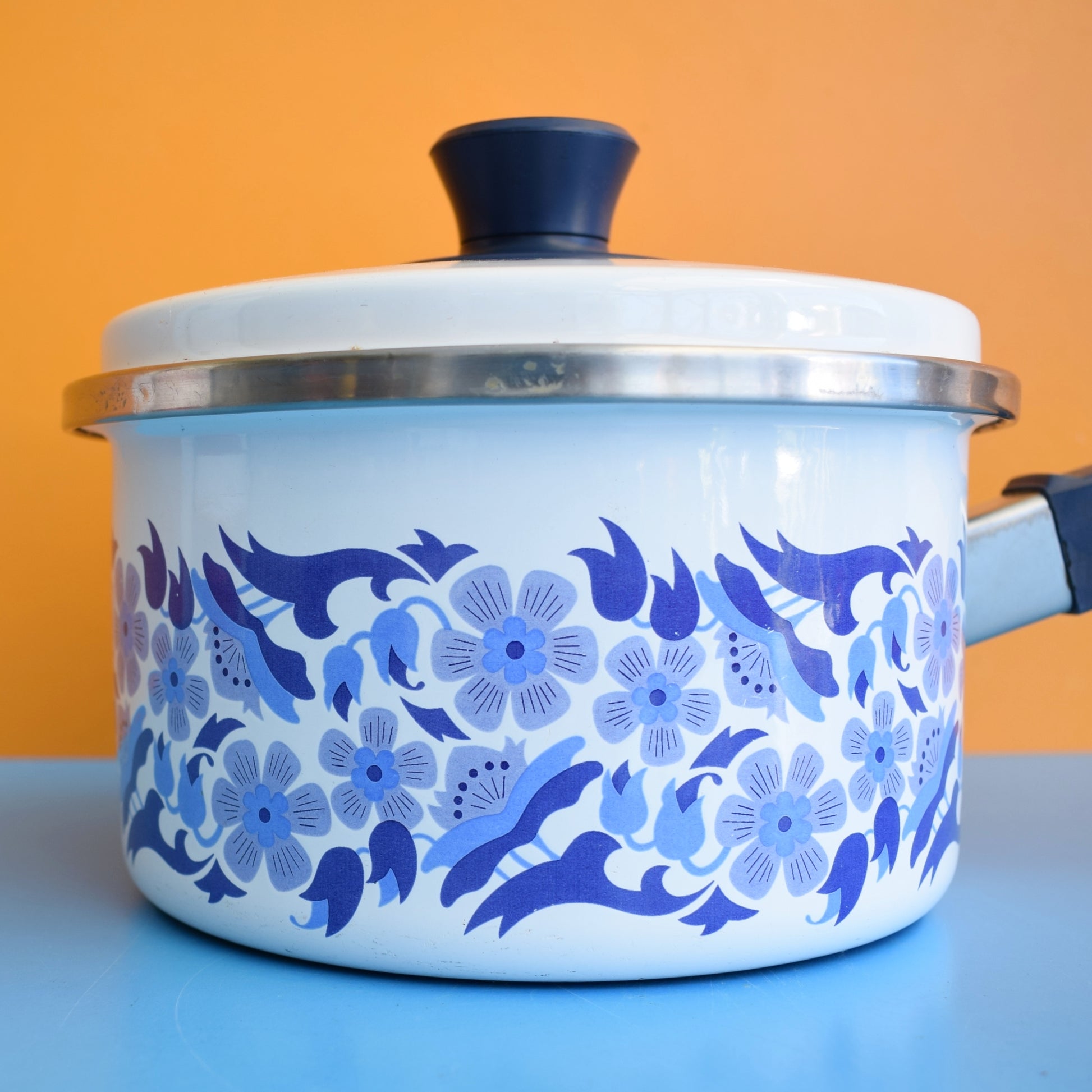 Vintage 1960s Swan Enamel Saucepan - Flower Power - Blue by Vintage
