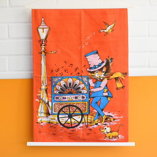 Vintage 1970s Kitsch Tea Towel - Cat Organ Player