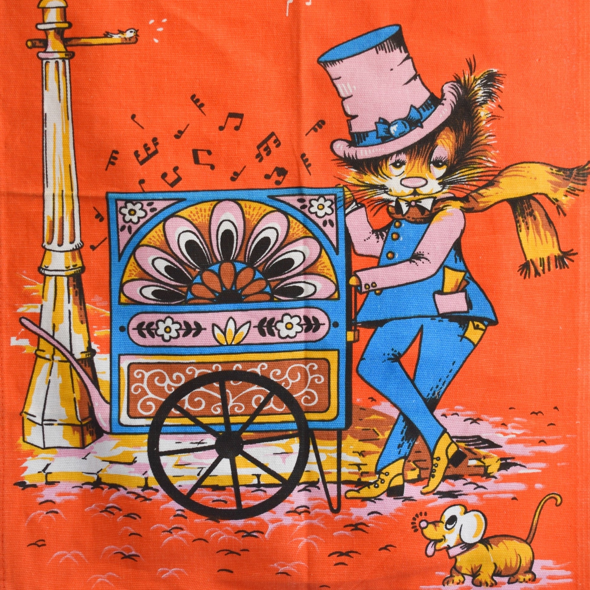 Vintage 1970s Kitsch Tea Towel - Cat Organ Player by Vintage