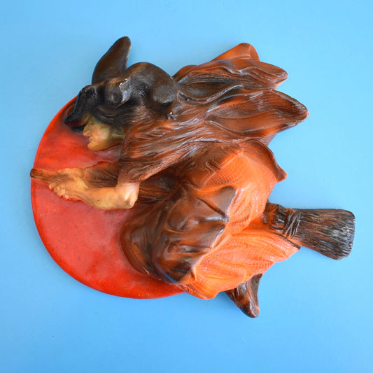 Vintage 1960s Plaster Wall Plaque - Witch On Her Broomstick by Vintage