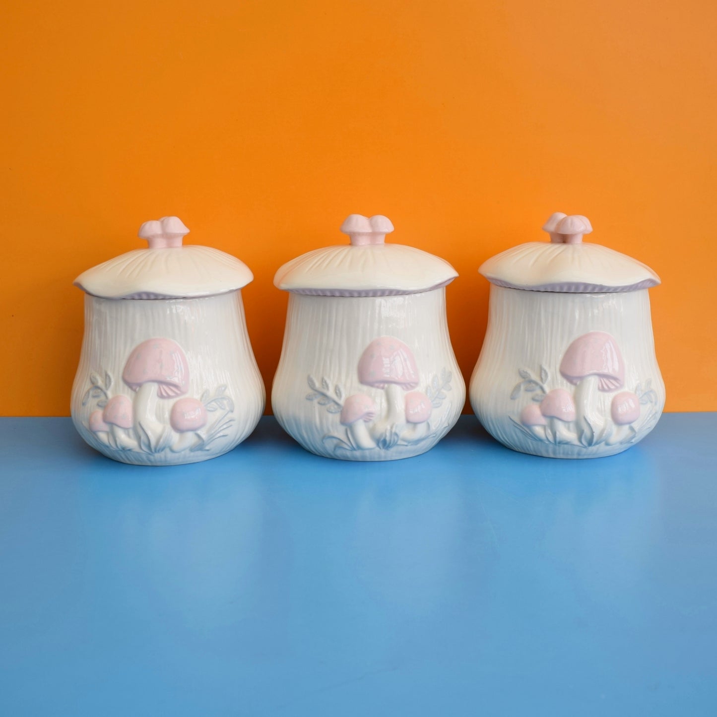 Vintage 1980s Toadstool Canisters - Pale Pink - Arnels x3
