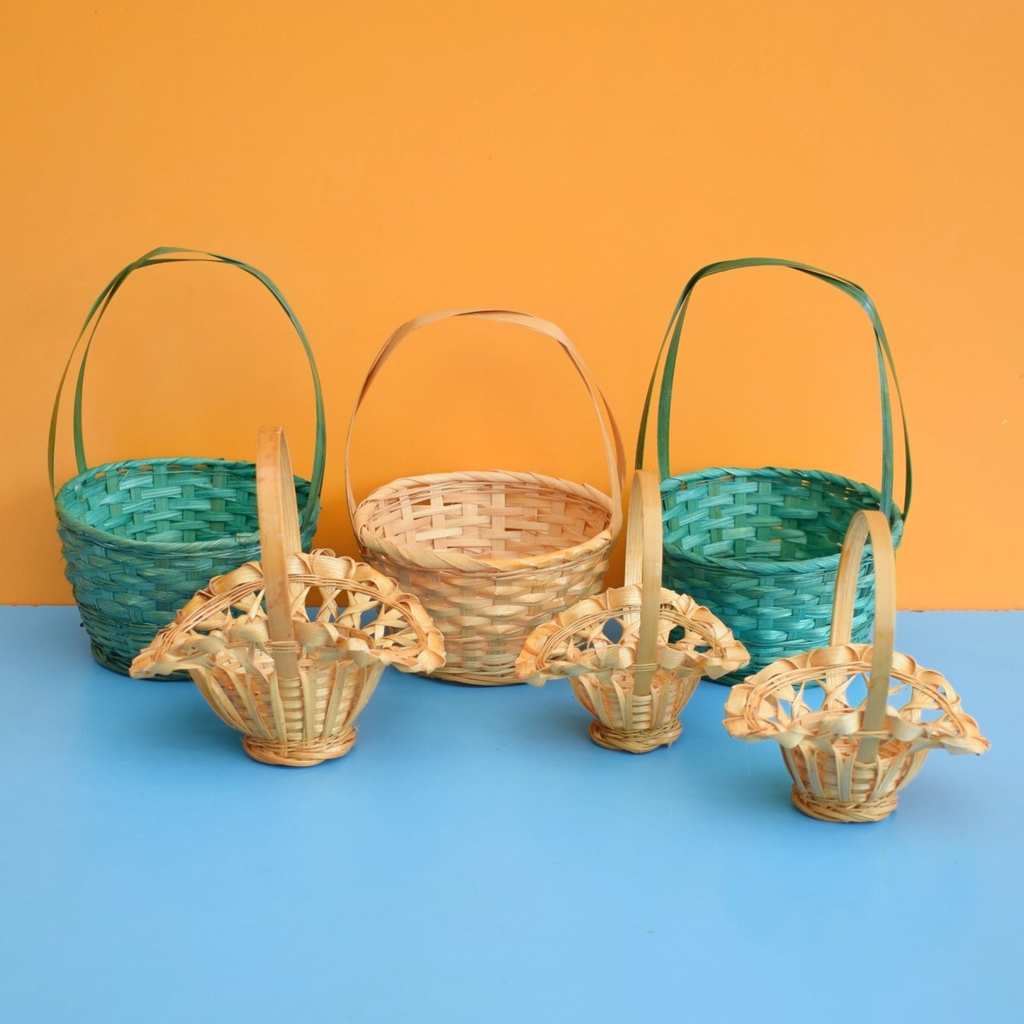 Vintage 1970s Wicker Easter Basket - Green / Natural