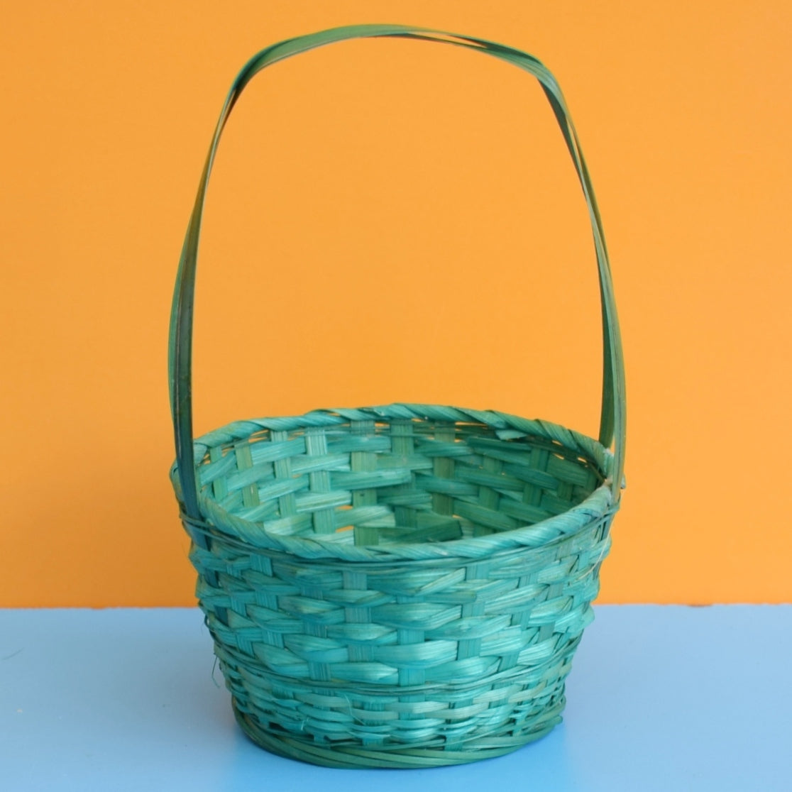 Vintage 1970s Wicker Easter Basket - Green / Natural