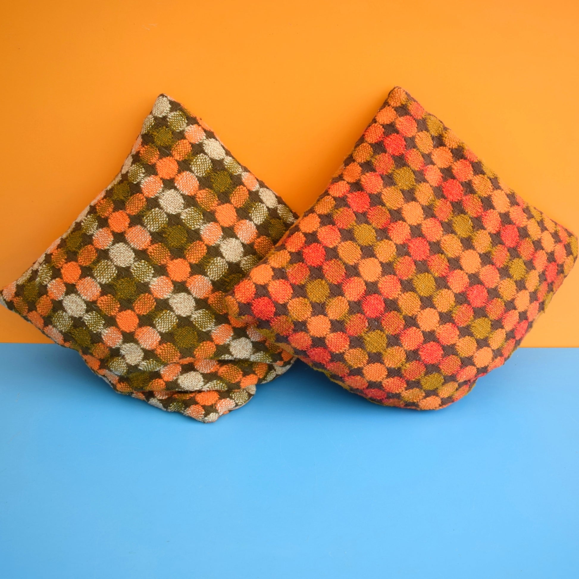 Vintage 1960s Textured Cushions - Orange & Olive by Vintage