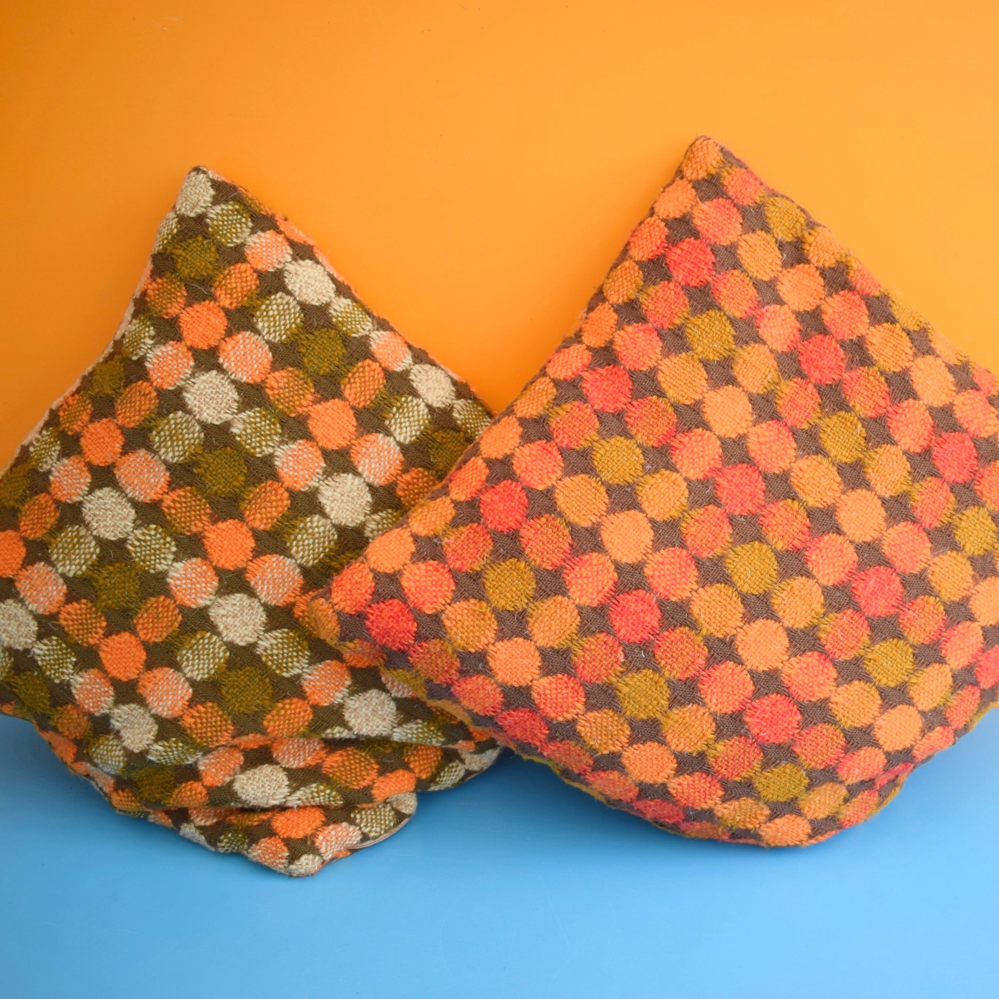 Vintage 1960s Textured Cushions - Orange & Olive by Vintage