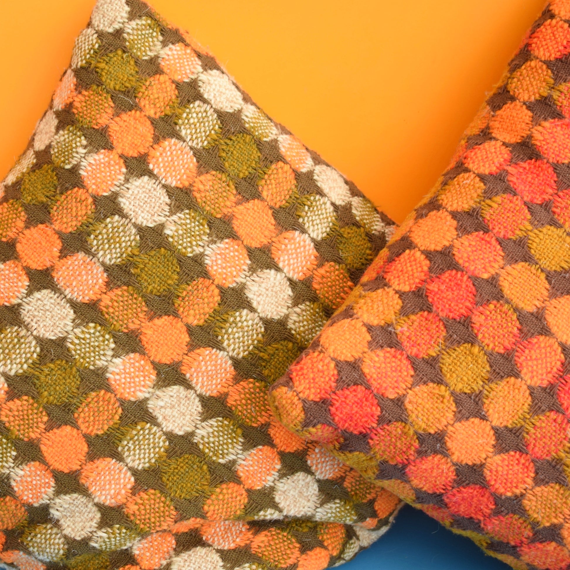Vintage 1960s Textured Cushions - Orange & Olive by Vintage