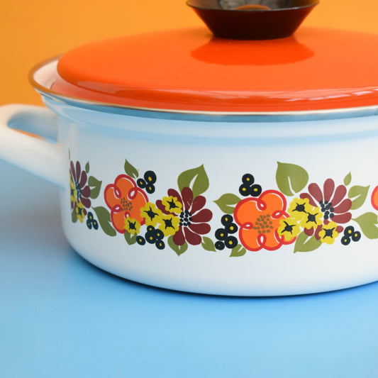 Vintage 1960s Enamel Casserole - Orange & Green Flower Power