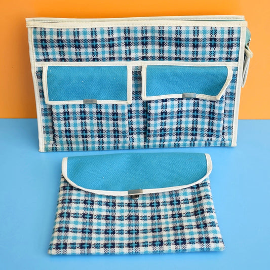 Vintage 1970s Wash Bag Set - Blue Tartan