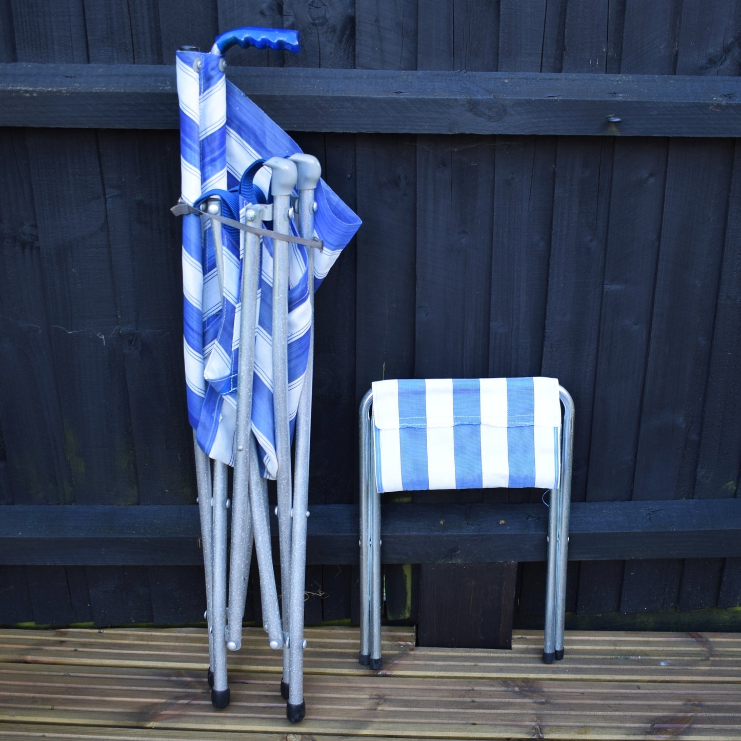 Vintage 1970s Gadabout Chair / Walking Stick - & Stool - Blue