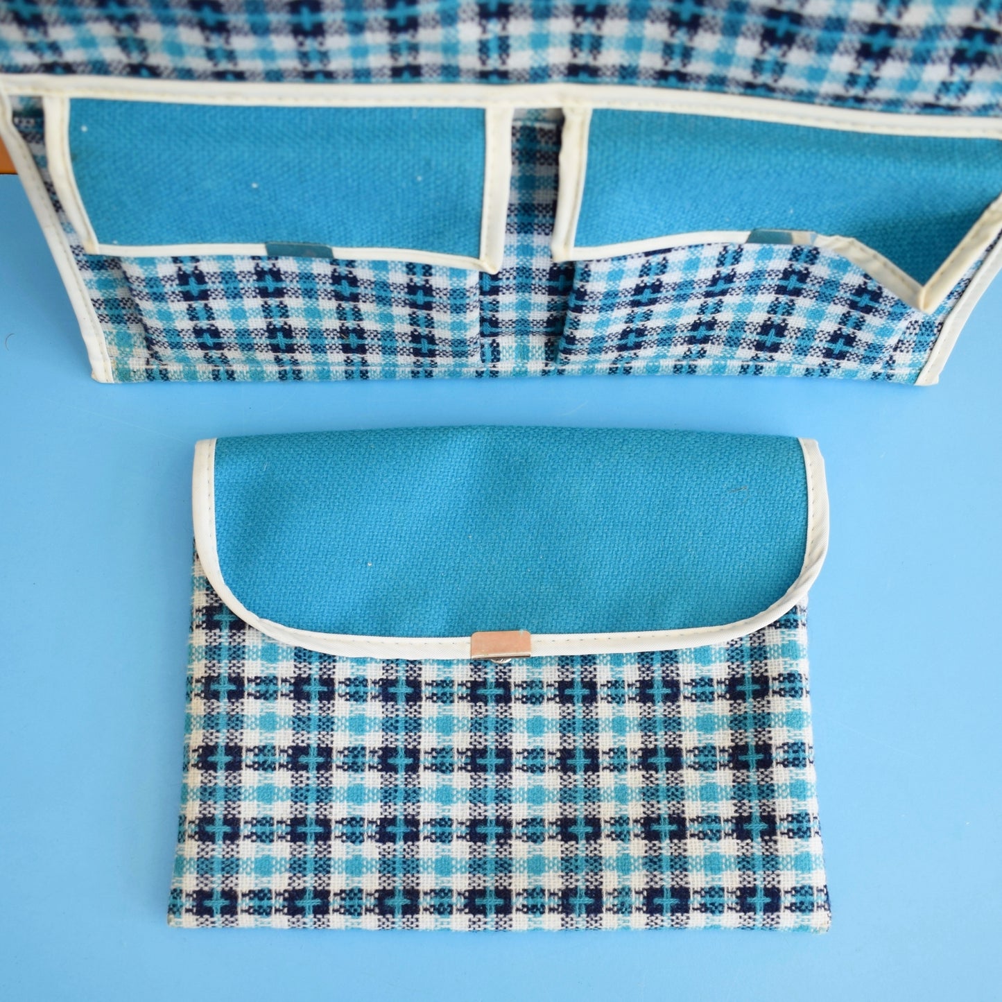 Vintage 1970s Wash Bag Set - Blue Tartan by Pineapple Retro