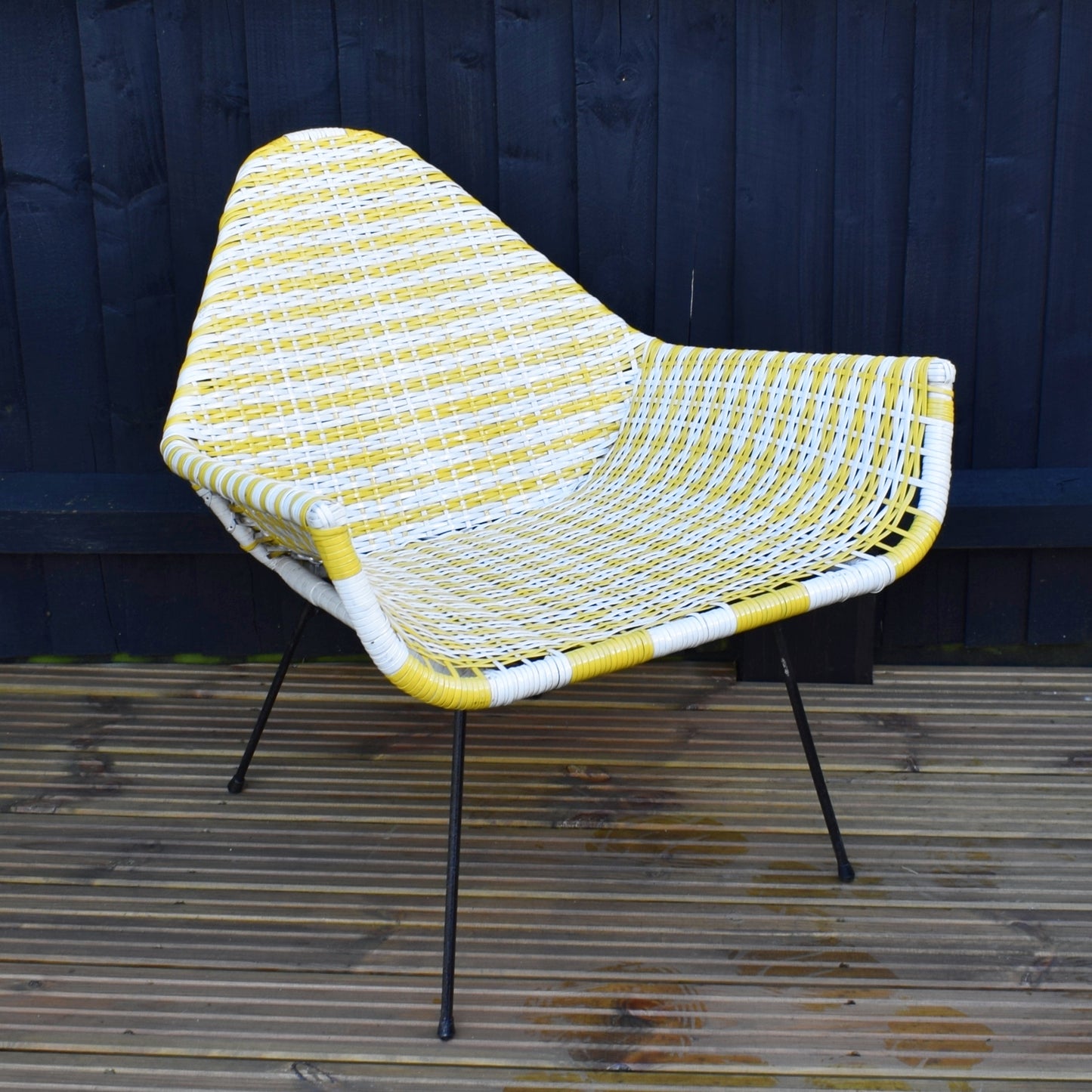 Vintage 1960s Basket Weave Low Chair - Yellow & White Woven Plastic