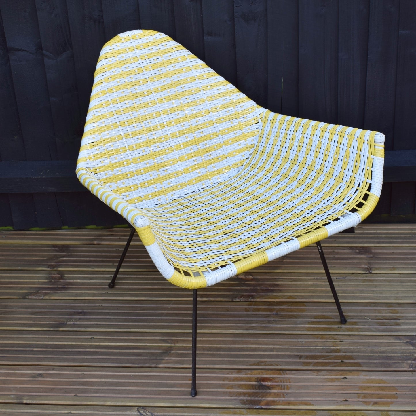 Vintage 1960s Basket Weave Low Chair - Yellow & White Woven Plastic