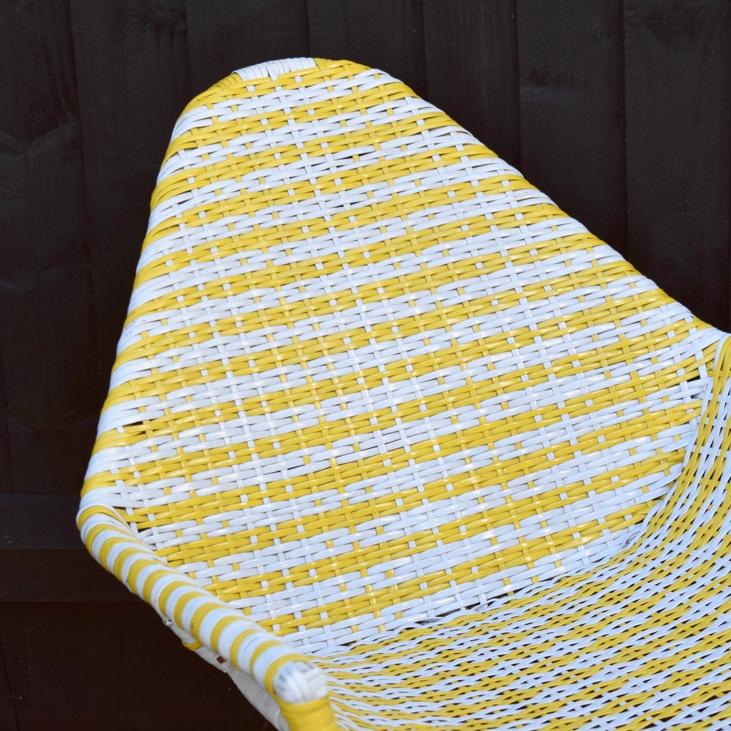 Vintage 1960s Basket Weave Low Chair - Yellow & White Woven Plastic