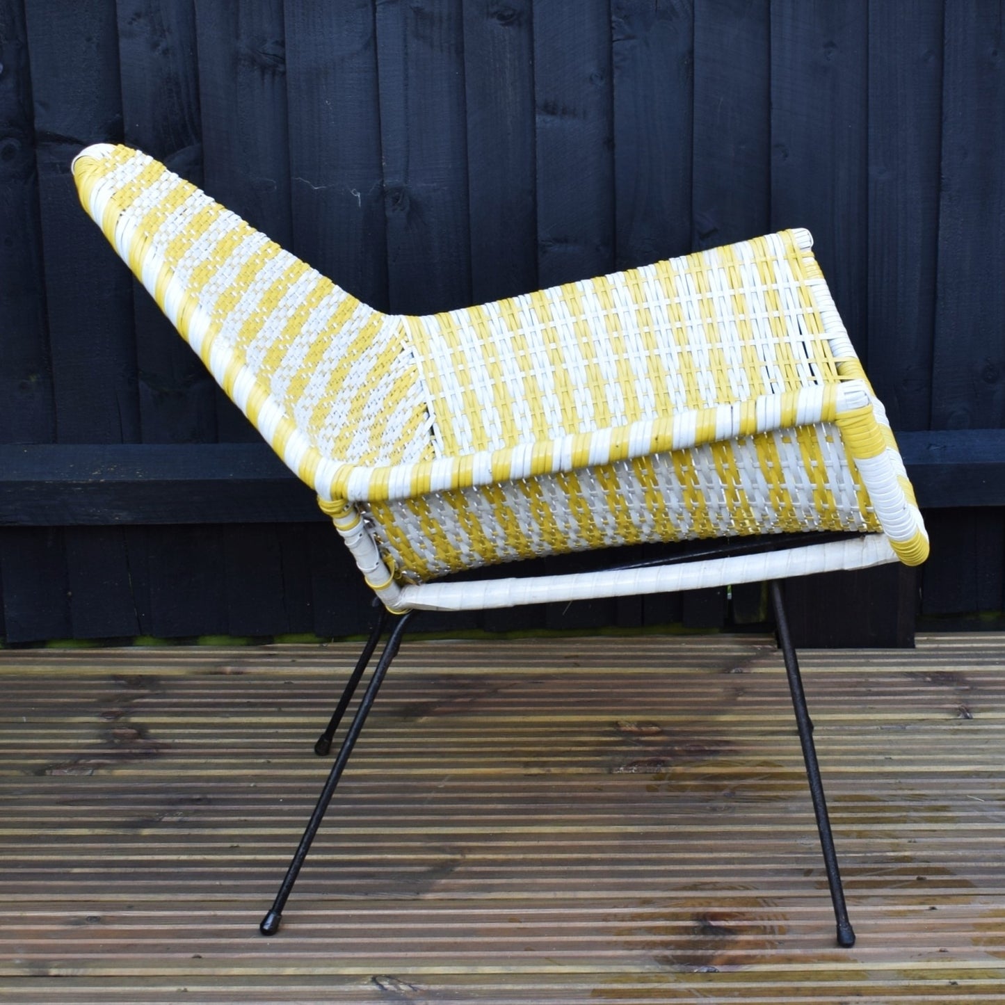 Vintage 1960s Basket Weave Low Chair - Yellow & White Woven Plastic