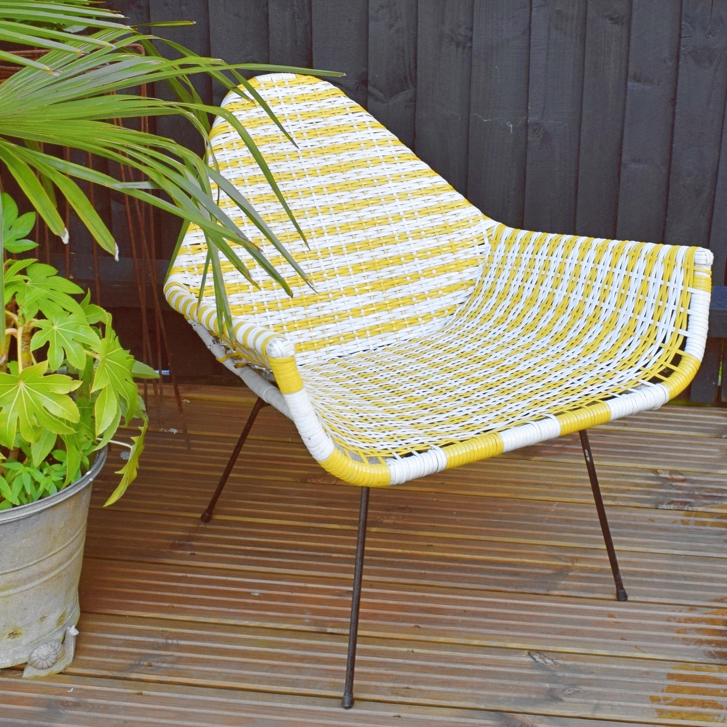 Vintage 1960s Basket Weave Low Chair - Yellow & White Woven Plastic