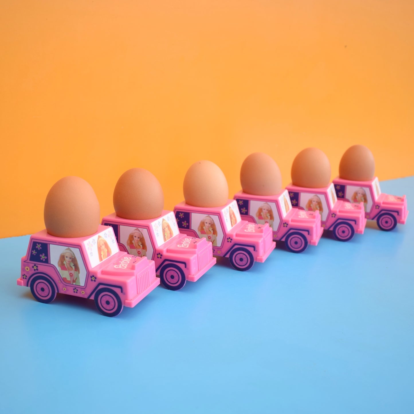 Vintage 1990s Plastic Car Egg Cups - Barbie - Pink Jeep - Unused