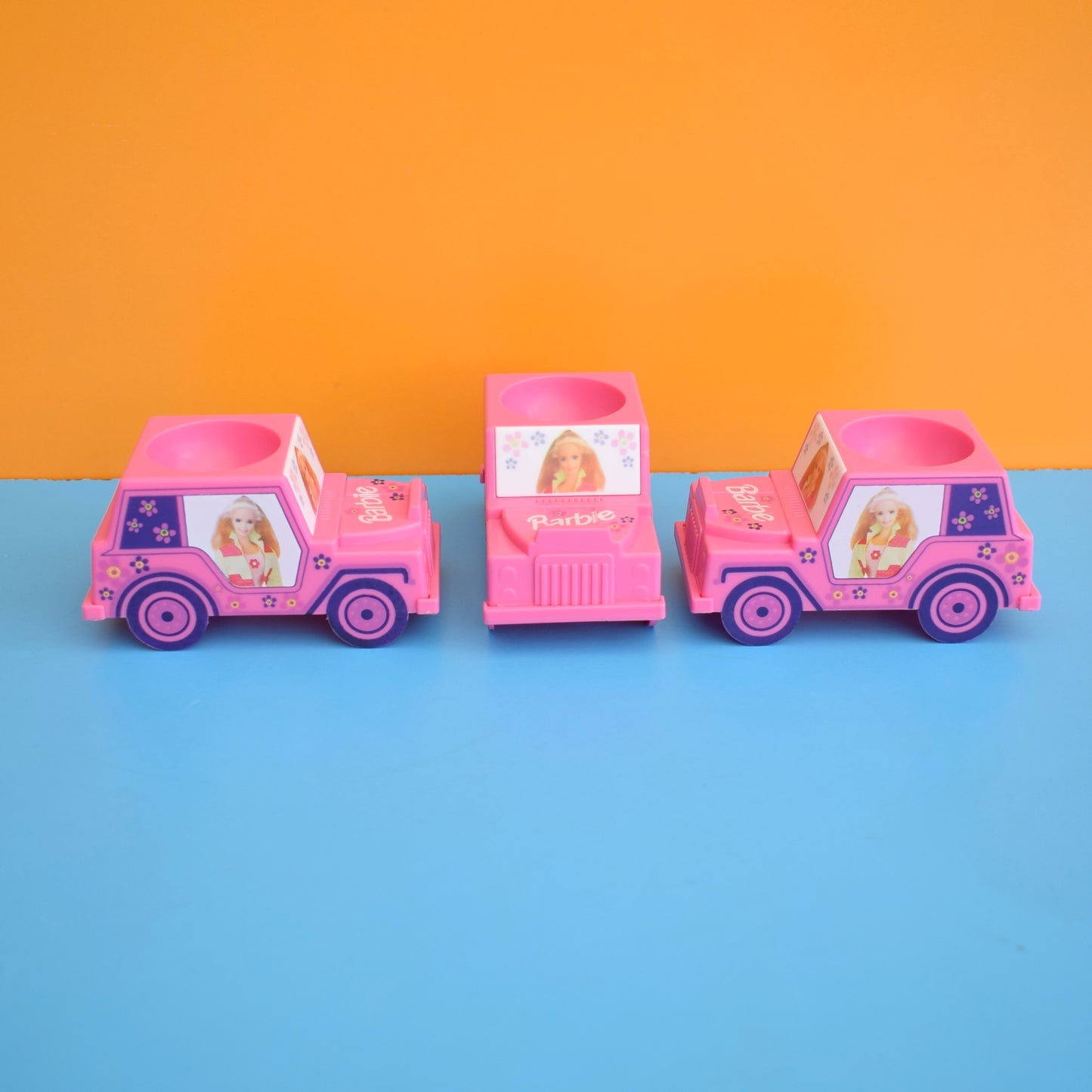 Vintage 1990s Plastic Car Egg Cups - Barbie - Pink Jeep - Unused