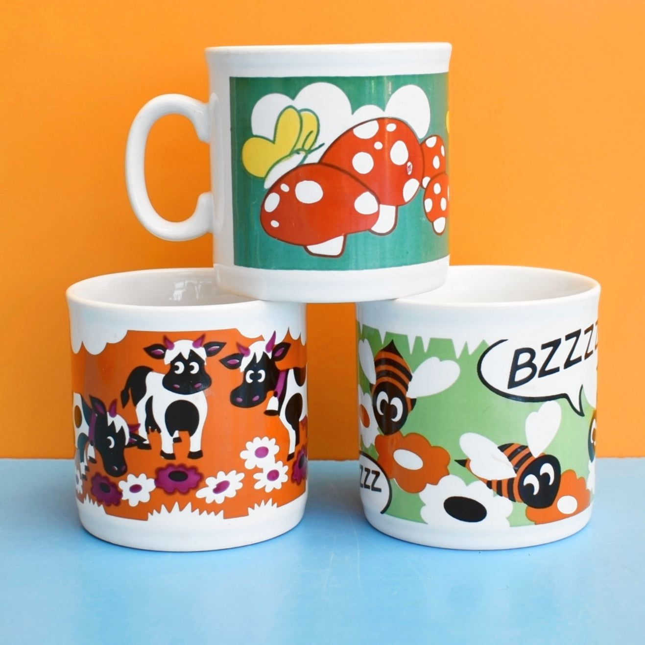 Vintage 1970s Kids Mugs - Kitsch - Toadstools, Bee & Cows