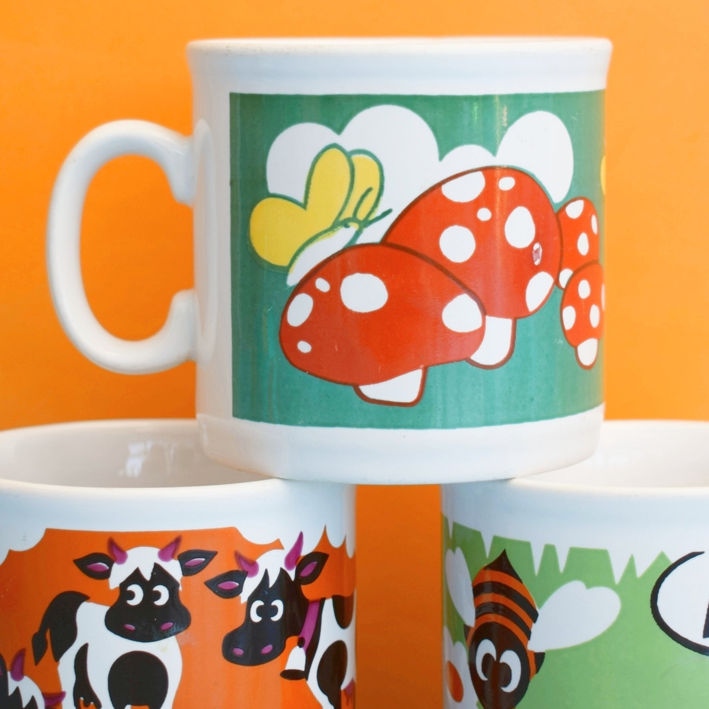 Vintage 1970s Kids Mugs - Kitsch - Toadstools, Bee & Cows