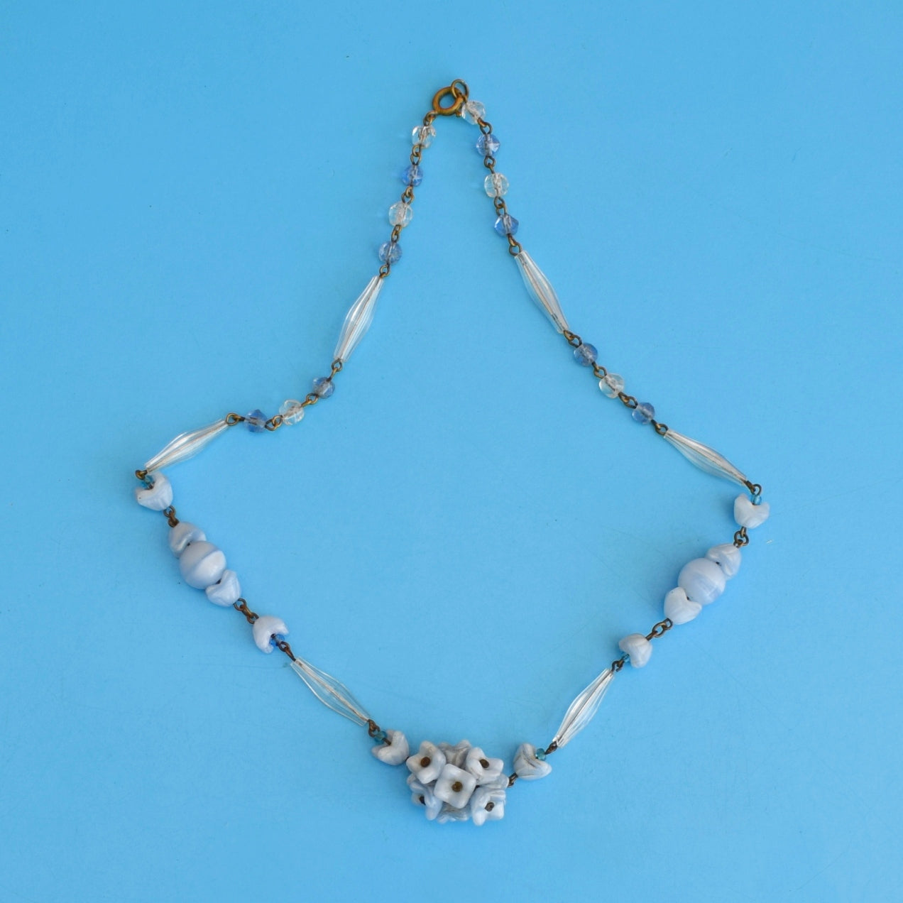 Vintage 1950s Venetian Glass Necklace - Blue Flowers