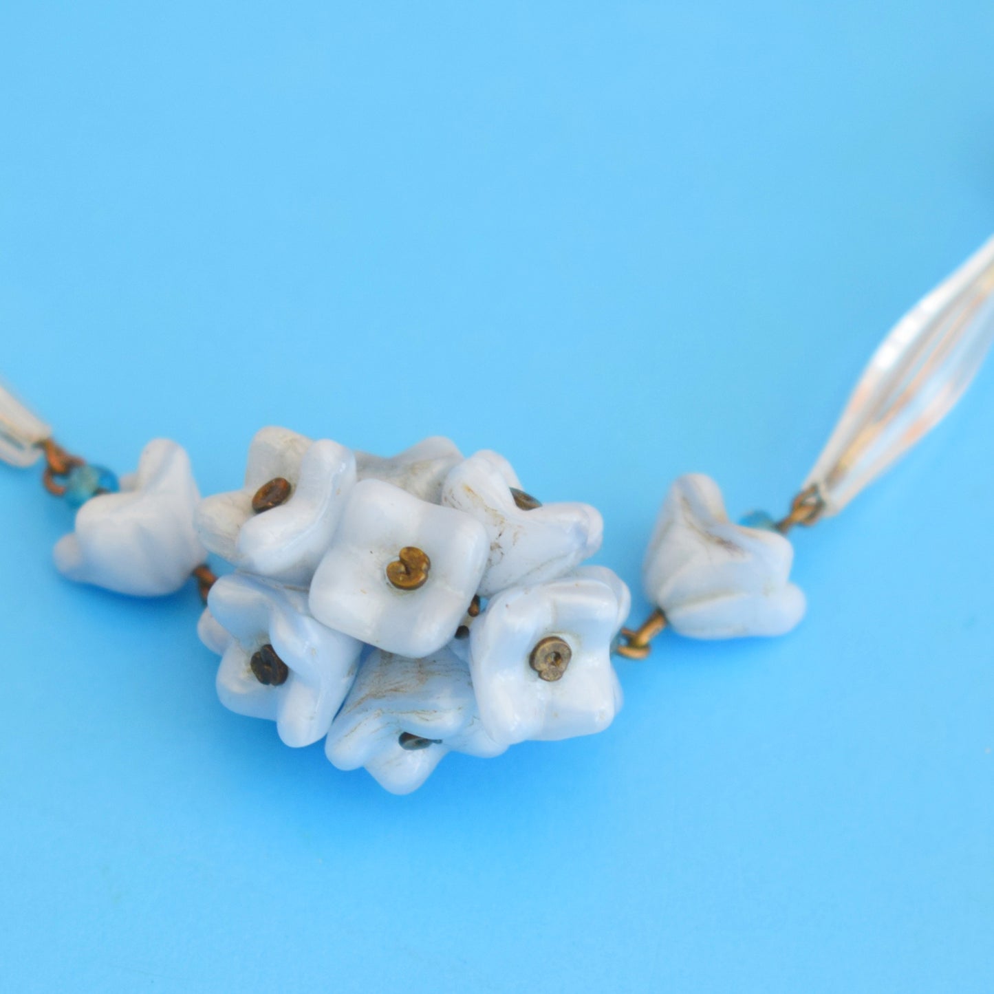 Vintage 1950s Venetian Glass Necklace - Blue Flowers