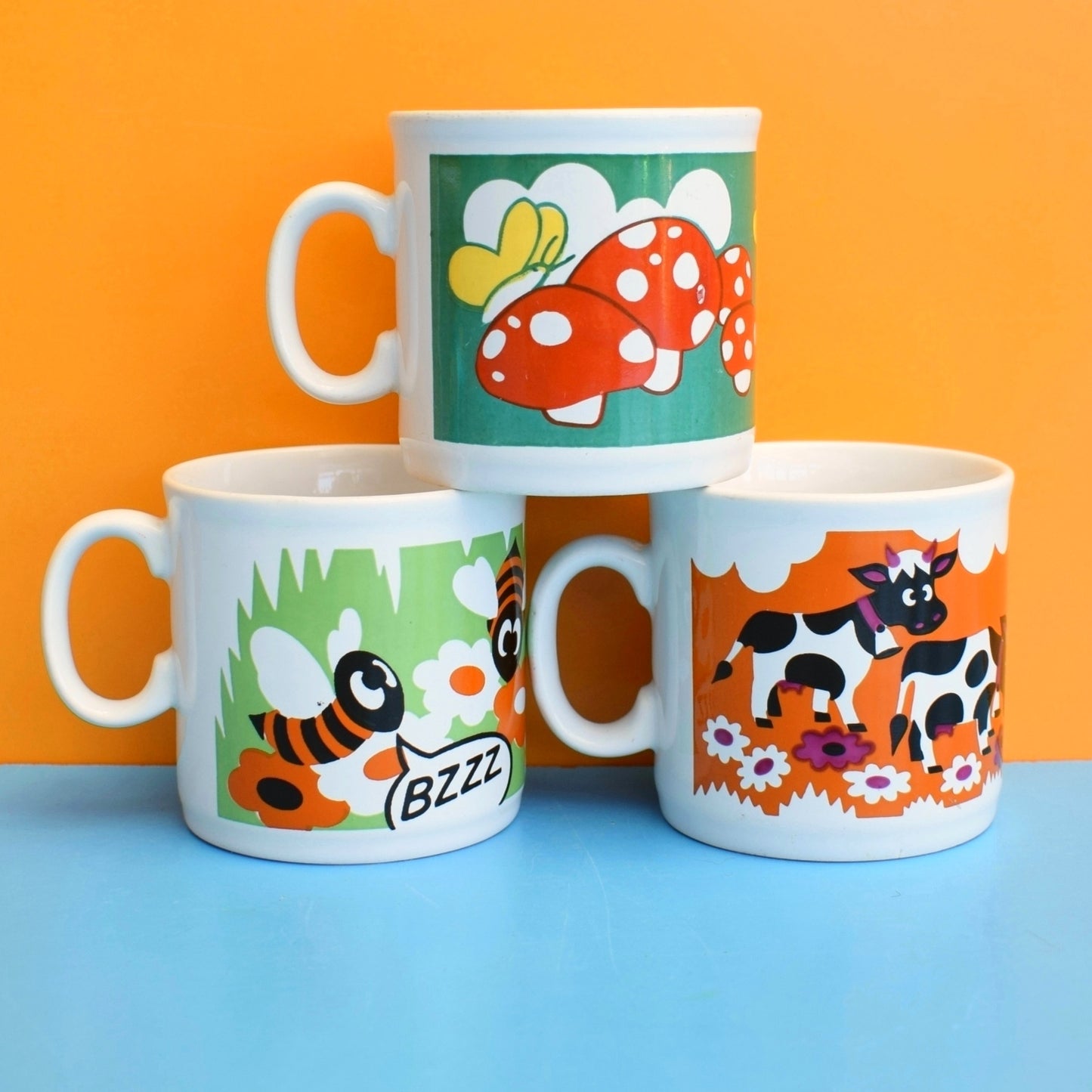 Vintage 1970s Kids Mugs - Kitsch - Toadstools, Bee & Cows