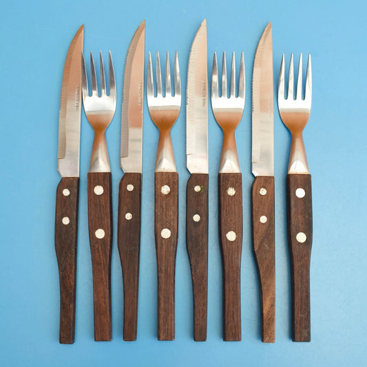 Vintage 1960s Rosewood / Stainless Steak Set x4