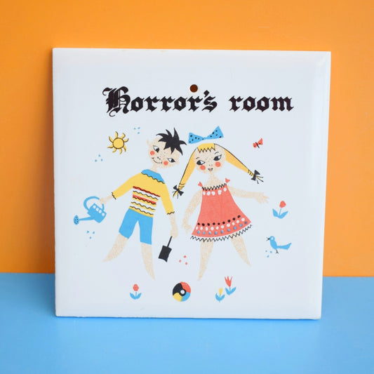 Vintage 1960s Ceramic Kids Door Tile - Horror's Room - Mary Blair Style by Vintage