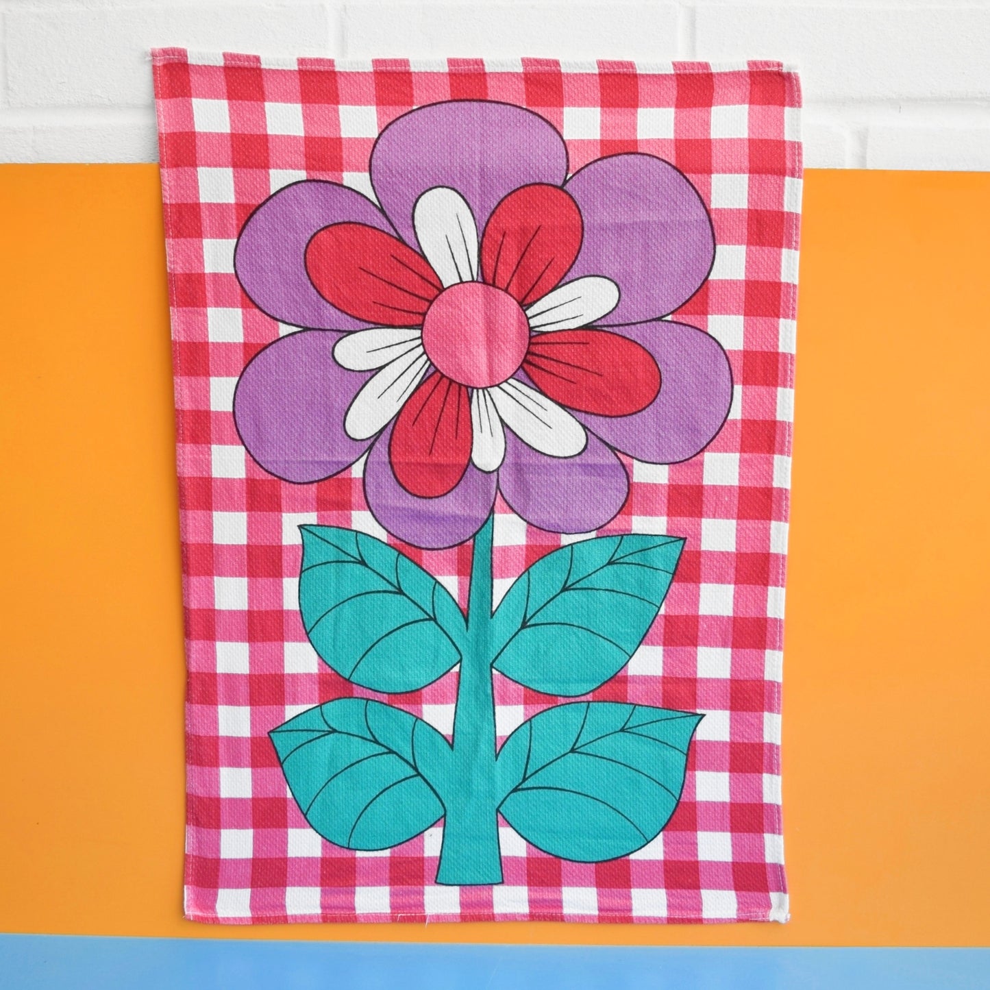 Vintage 1970s Tea Towel - Flower Power - Pink