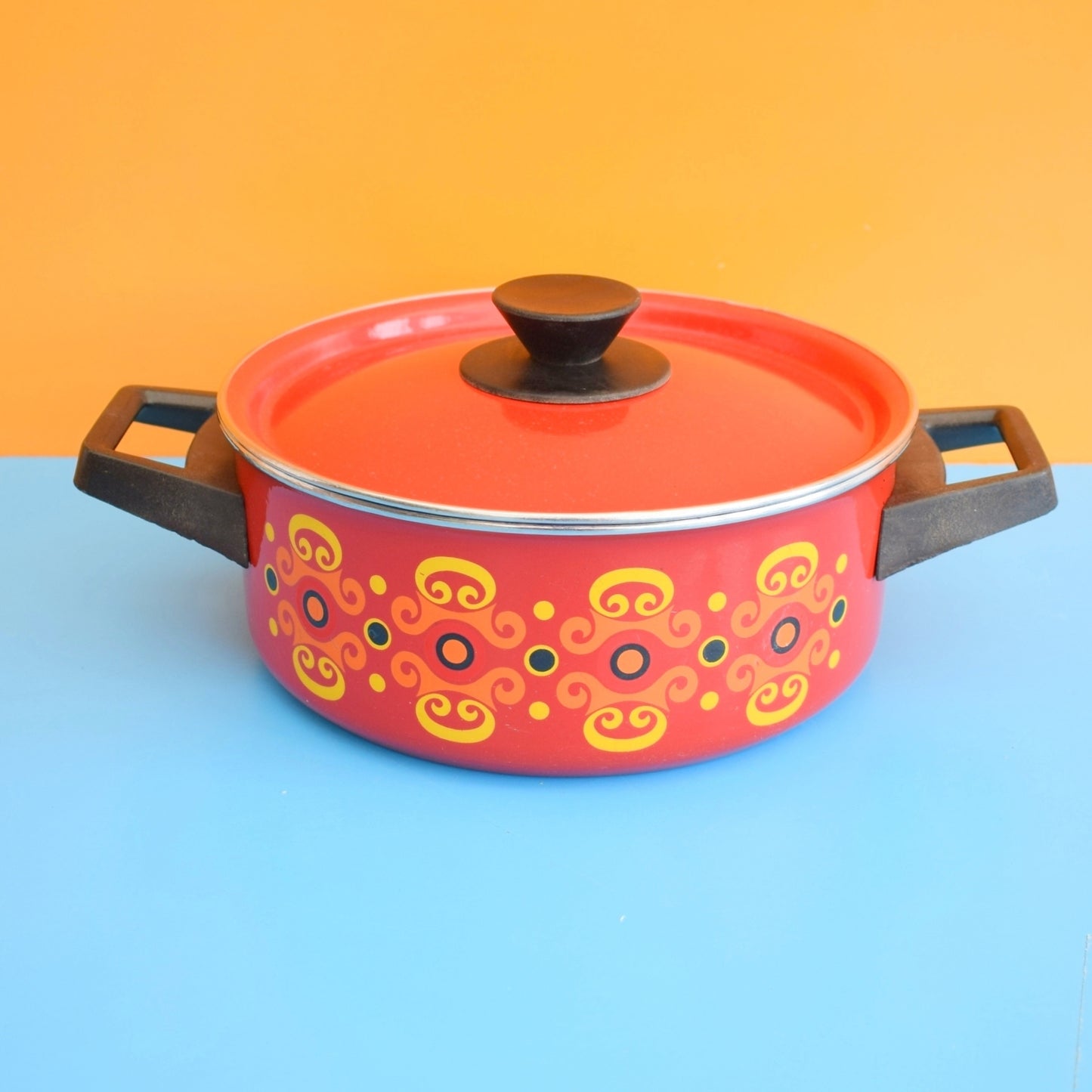 Vintage 1960s Enamel Casserole - Orange, Red & Yellow