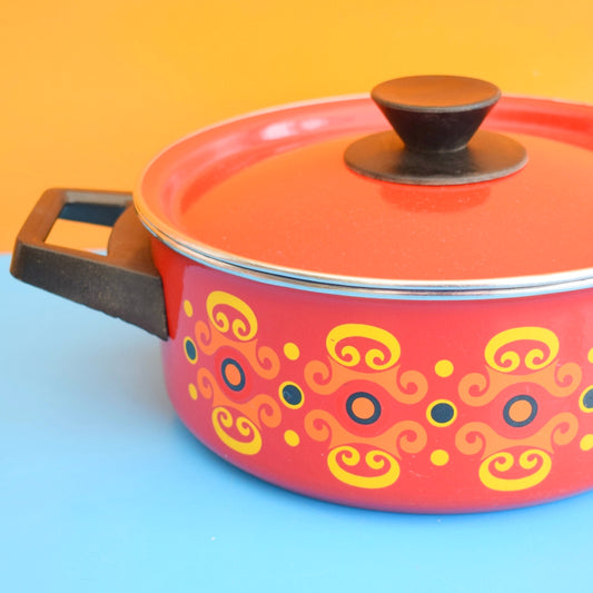 Vintage 1960s Enamel Casserole - Orange, Red & Yellow