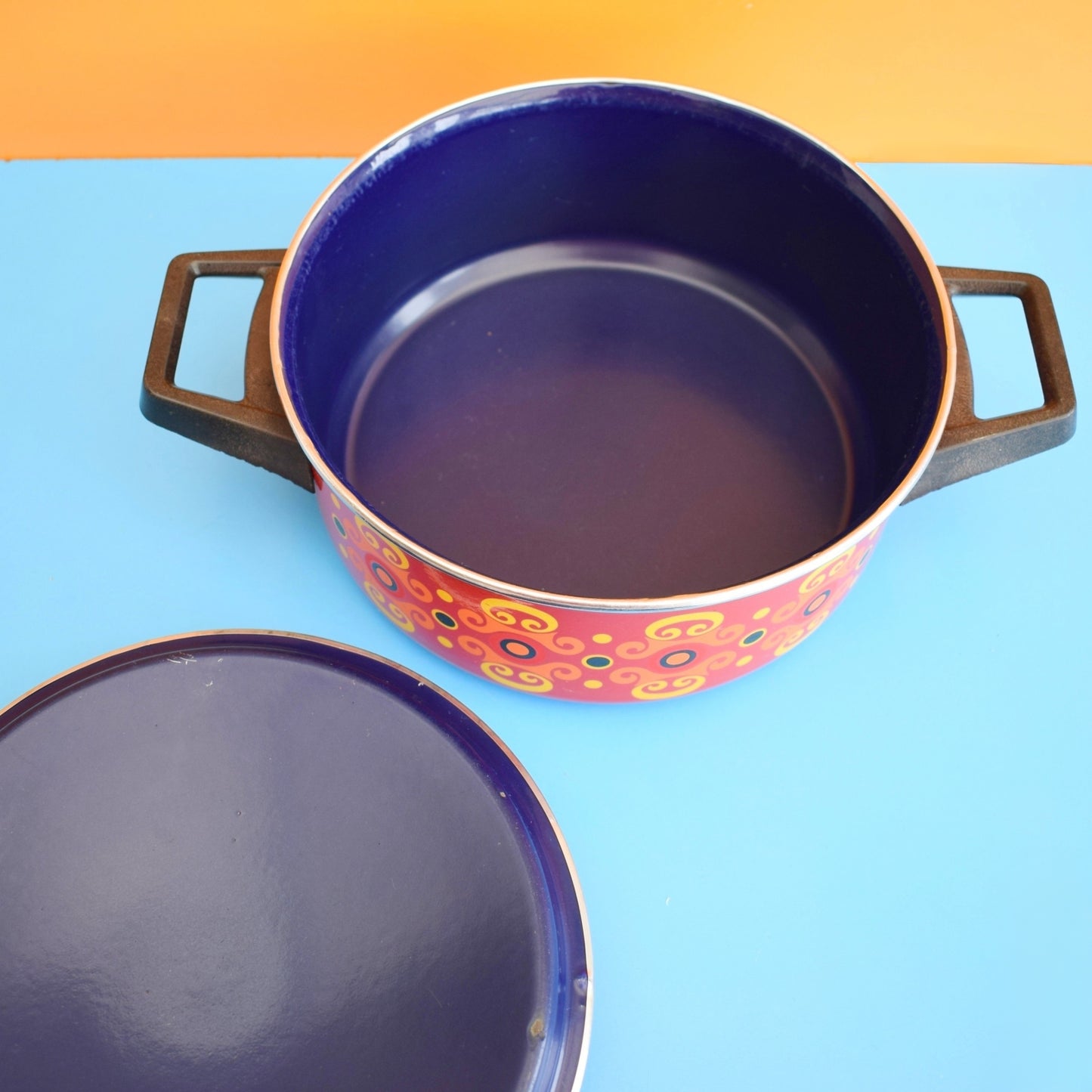 Vintage 1960s Enamel Casserole - Orange, Red & Yellow