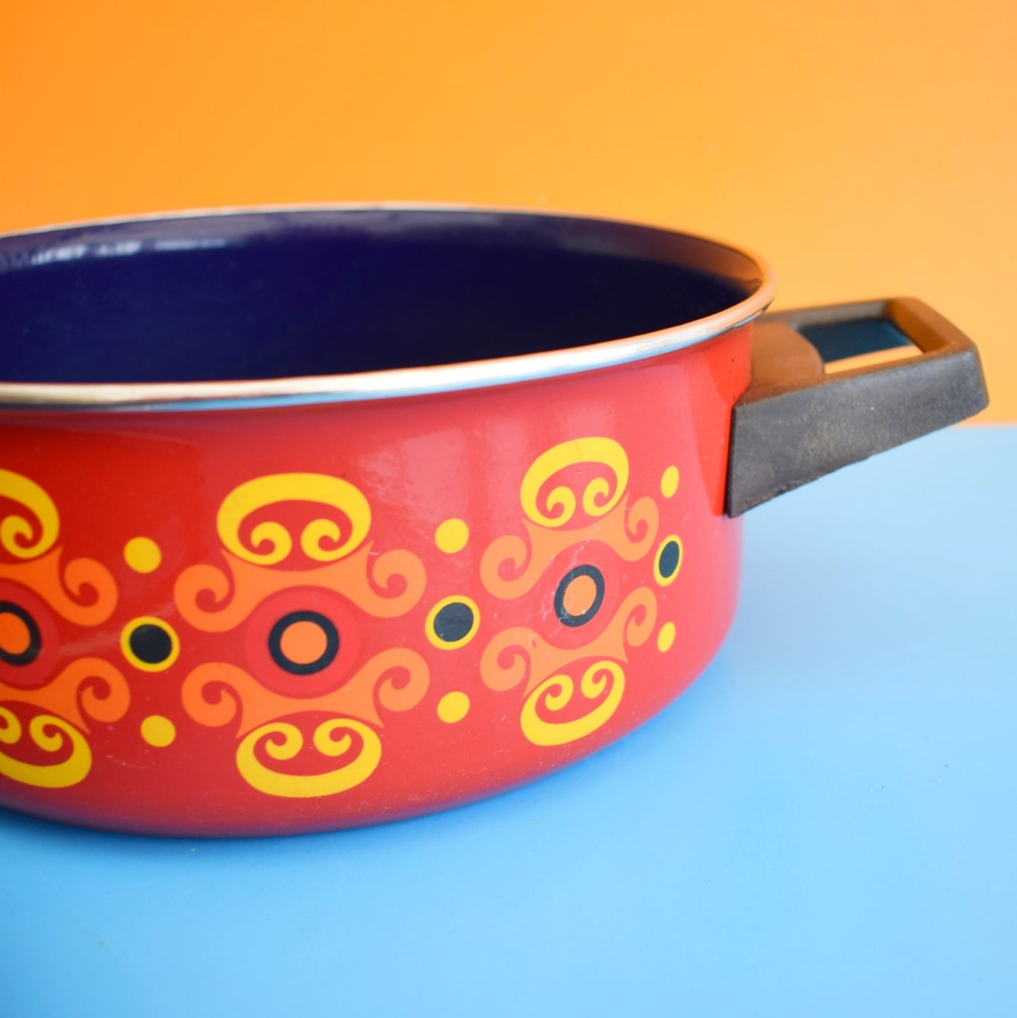 Vintage 1960s Enamel Casserole - Orange, Red & Yellow