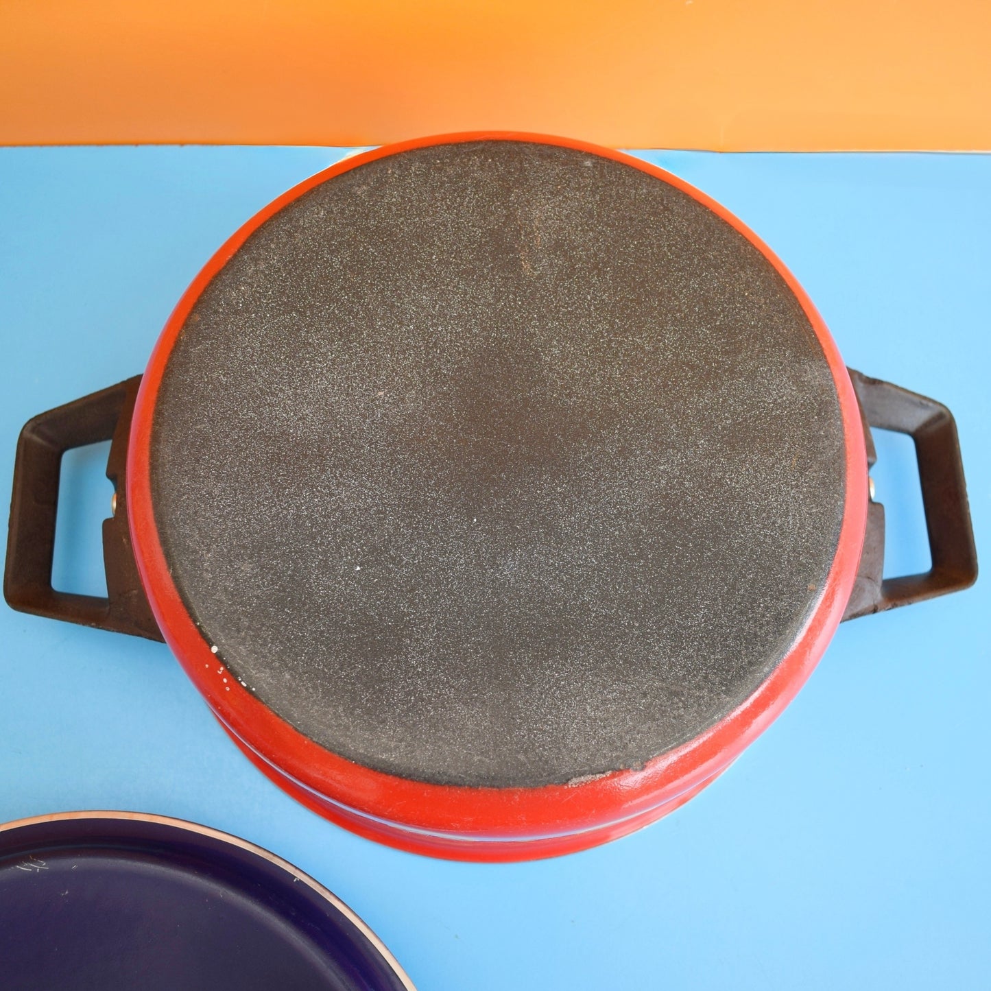 Vintage 1960s Enamel Casserole - Orange, Red & Yellow