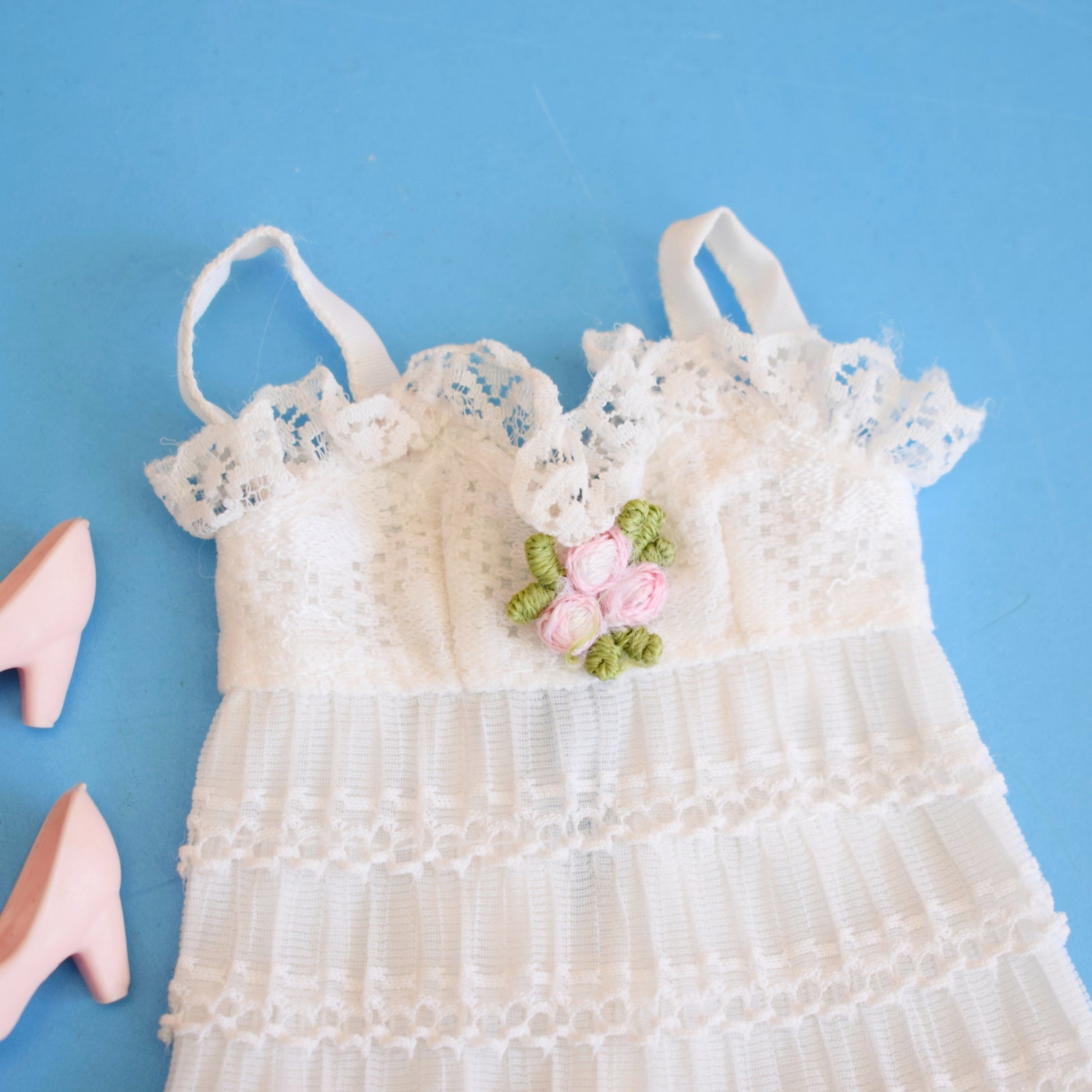 Vintage 1970s Sindy White Frill Dress- Pink Shoes by Pineapple Retro