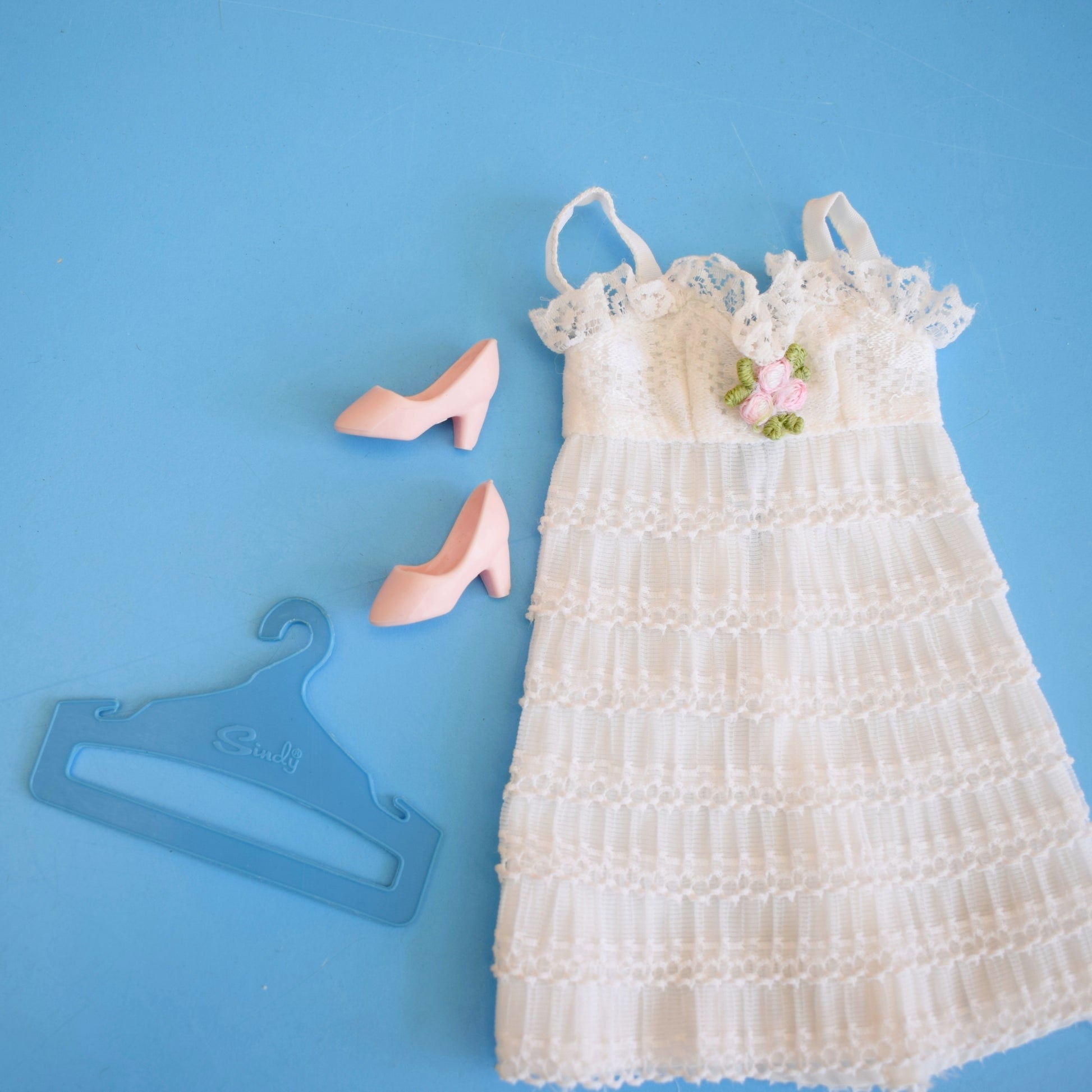 Vintage 1970s Sindy White Frill Dress- Pink Shoes by Pineapple Retro