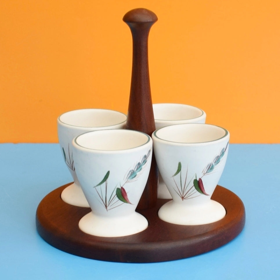 Vintage 1950s Denby Greenwheat / Green Wheat China - Egg Cups & Teak Stand