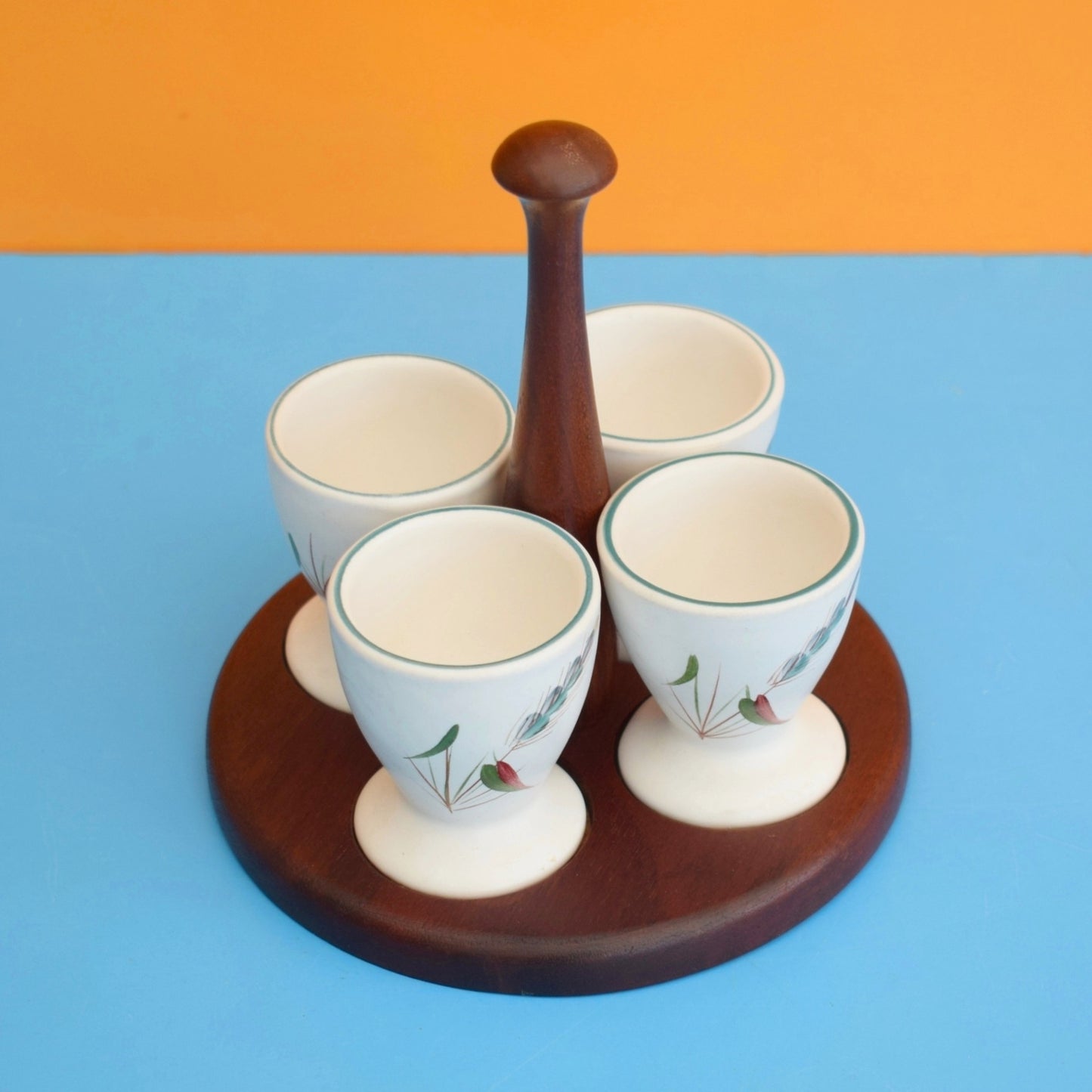 Vintage 1950s Denby Greenwheat / Green Wheat China - Egg Cups & Teak Stand