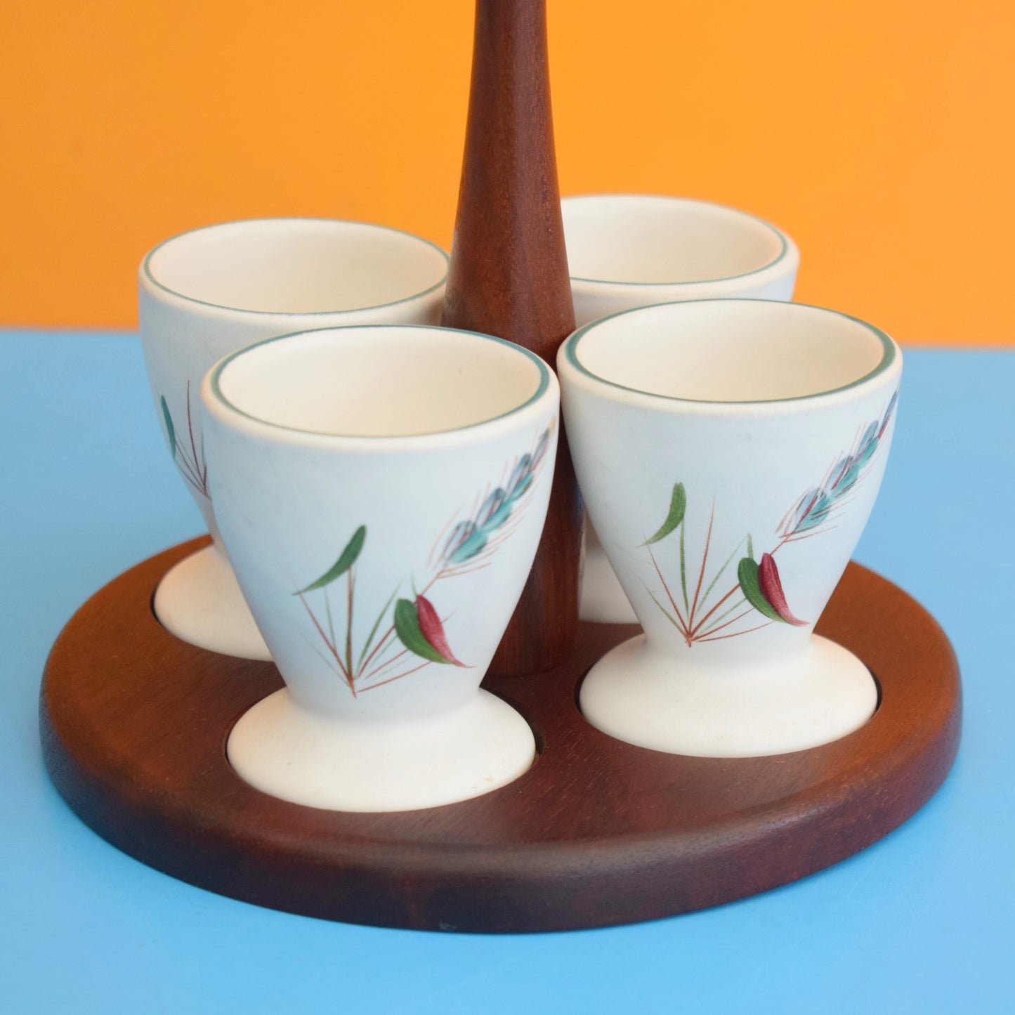 Vintage 1950s Denby Greenwheat / Green Wheat China - Egg Cups & Teak Stand