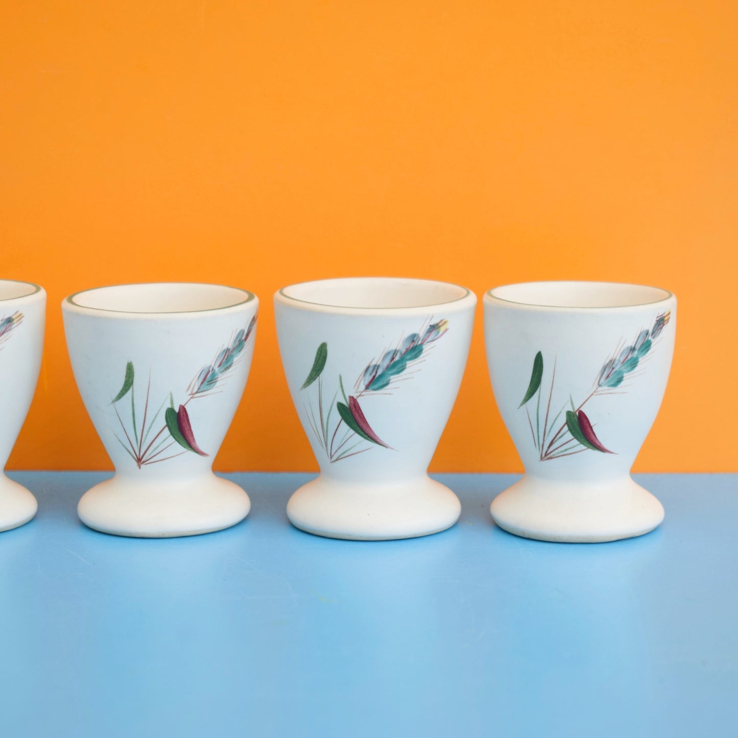 Vintage 1950s Denby Greenwheat / Green Wheat China - Egg Cups & Teak Stand