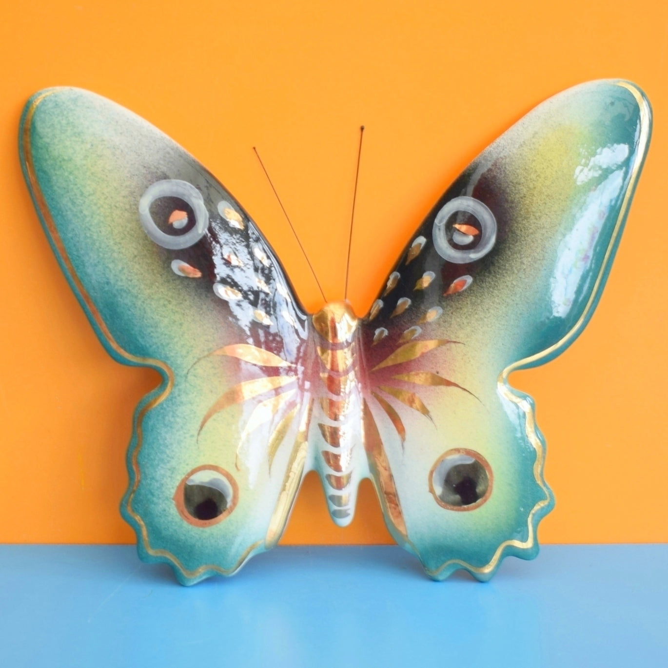 Vintage 1960s Ceramic Wall Butterfly - Teal