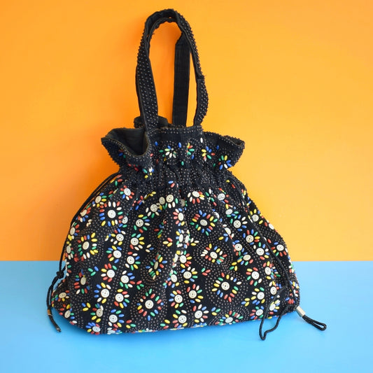 Vintage 1970s Beaded Drawstring Bag - Black