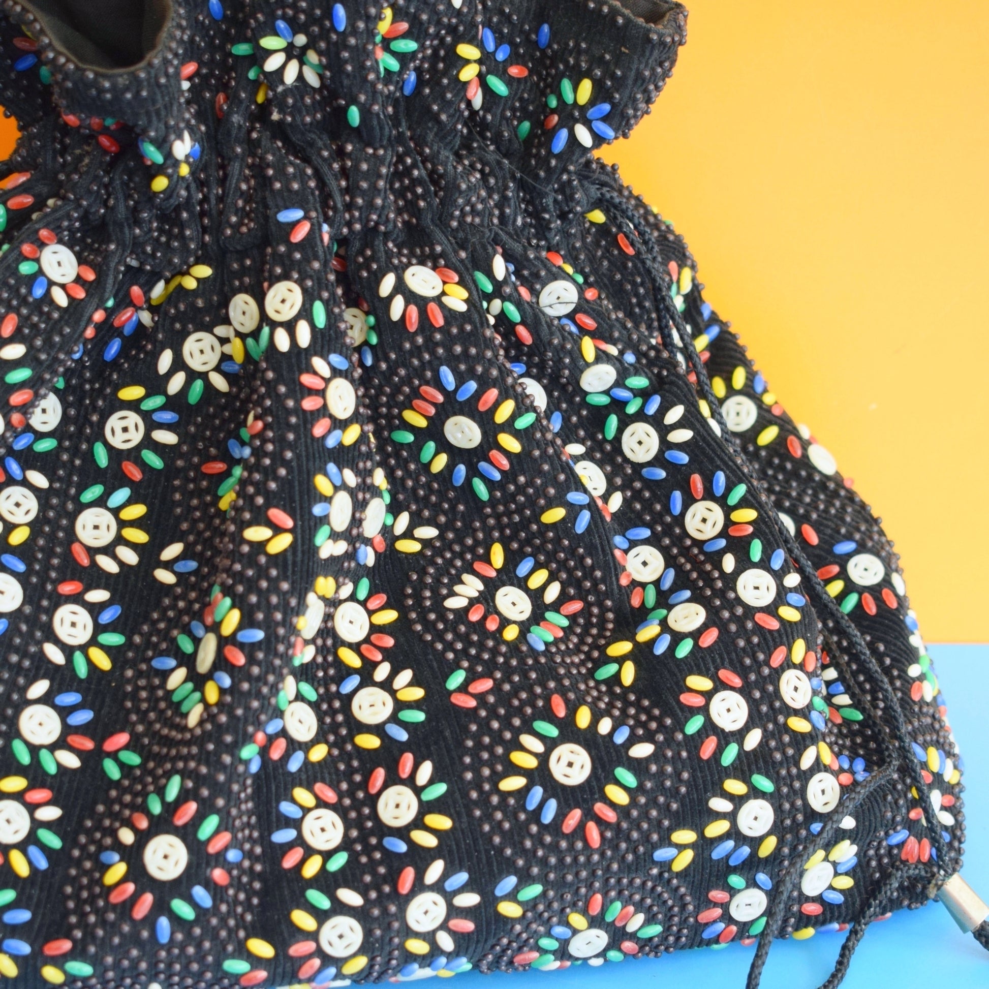 Vintage 1970s Beaded Drawstring Bag - Black by Vintage